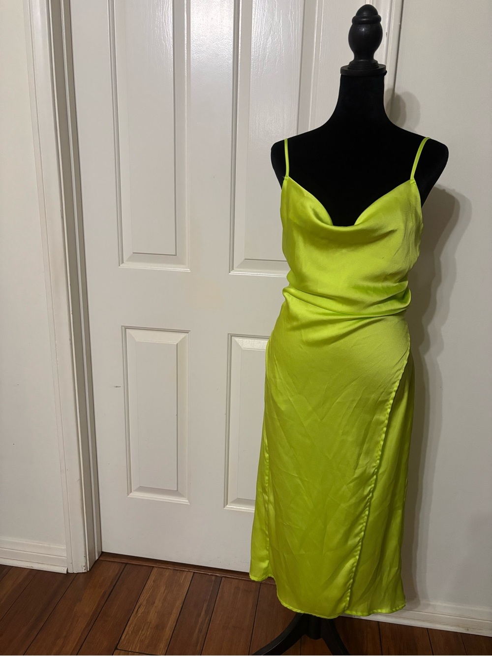 re:named Lime Green Satin Cowl Midi Slip Dress